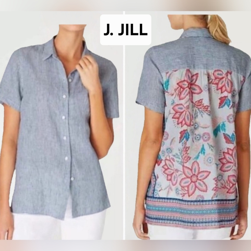J. Jill Blue Striped Linen and Pink Floral Cotton Button-Up Shirt